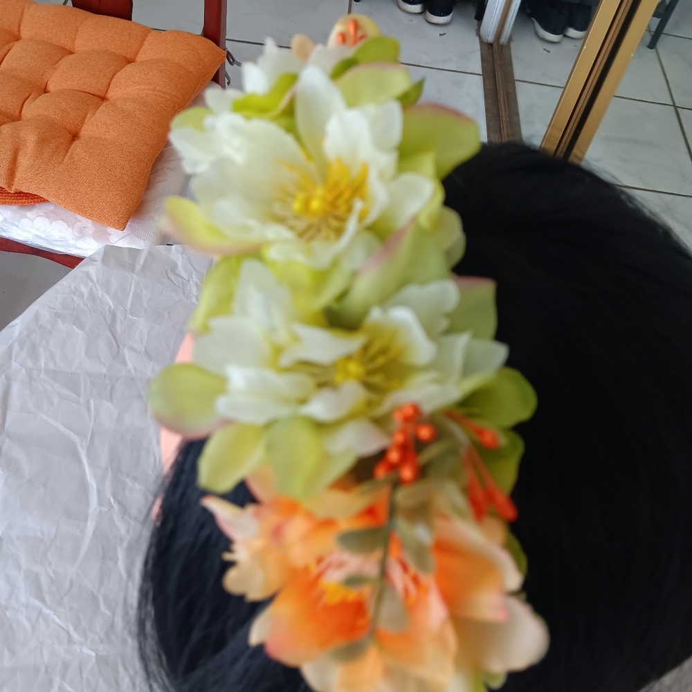 Floral Hair Accessory with Green and Orange Flowers